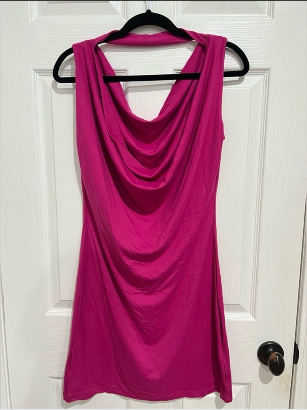 Susan Monaco Sheath Draped Cowl Neck Mini Dress in Fuchsia Sz. L